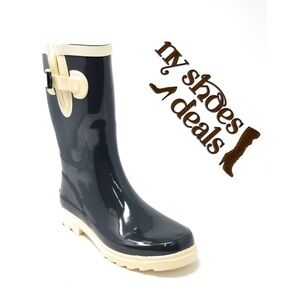 Women 11" Rubber Rain Boots, Black / Beige Garden Rainboots, NEW